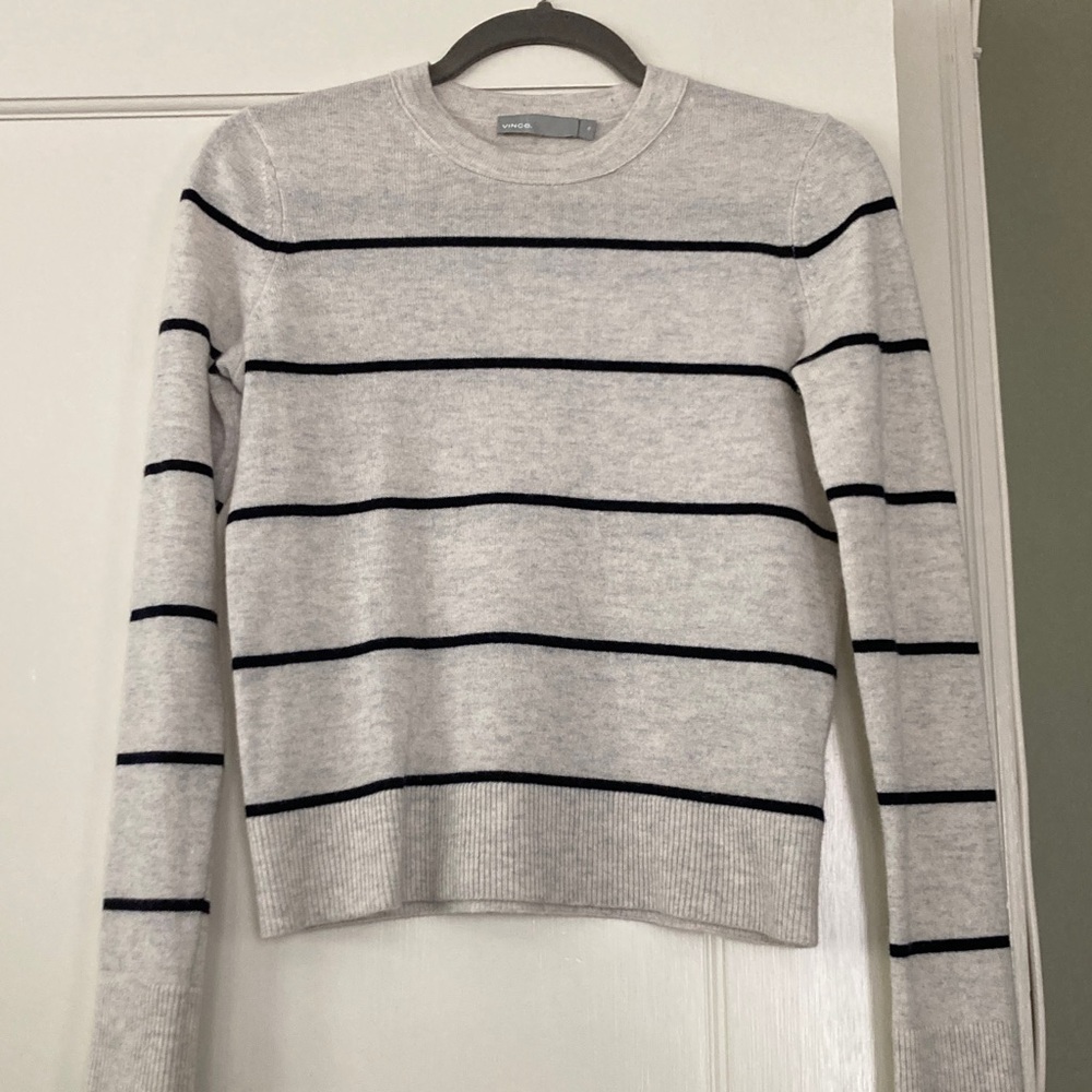 Vince Cashmere Crew in Ivory and Black Striped Sweater